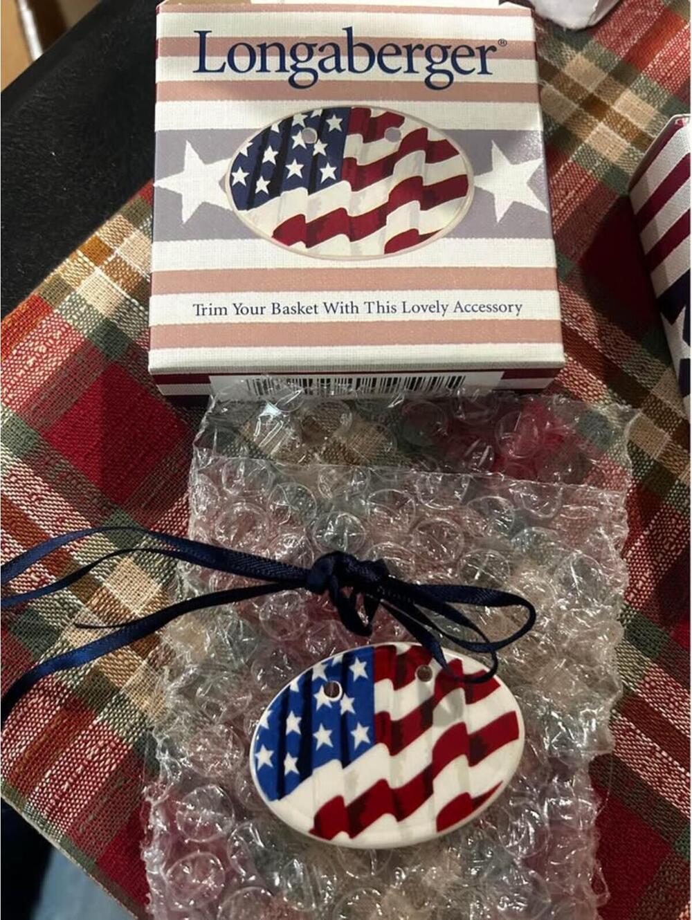 Longaberger basket tie on Oval flag pottery USA Americana patriotic